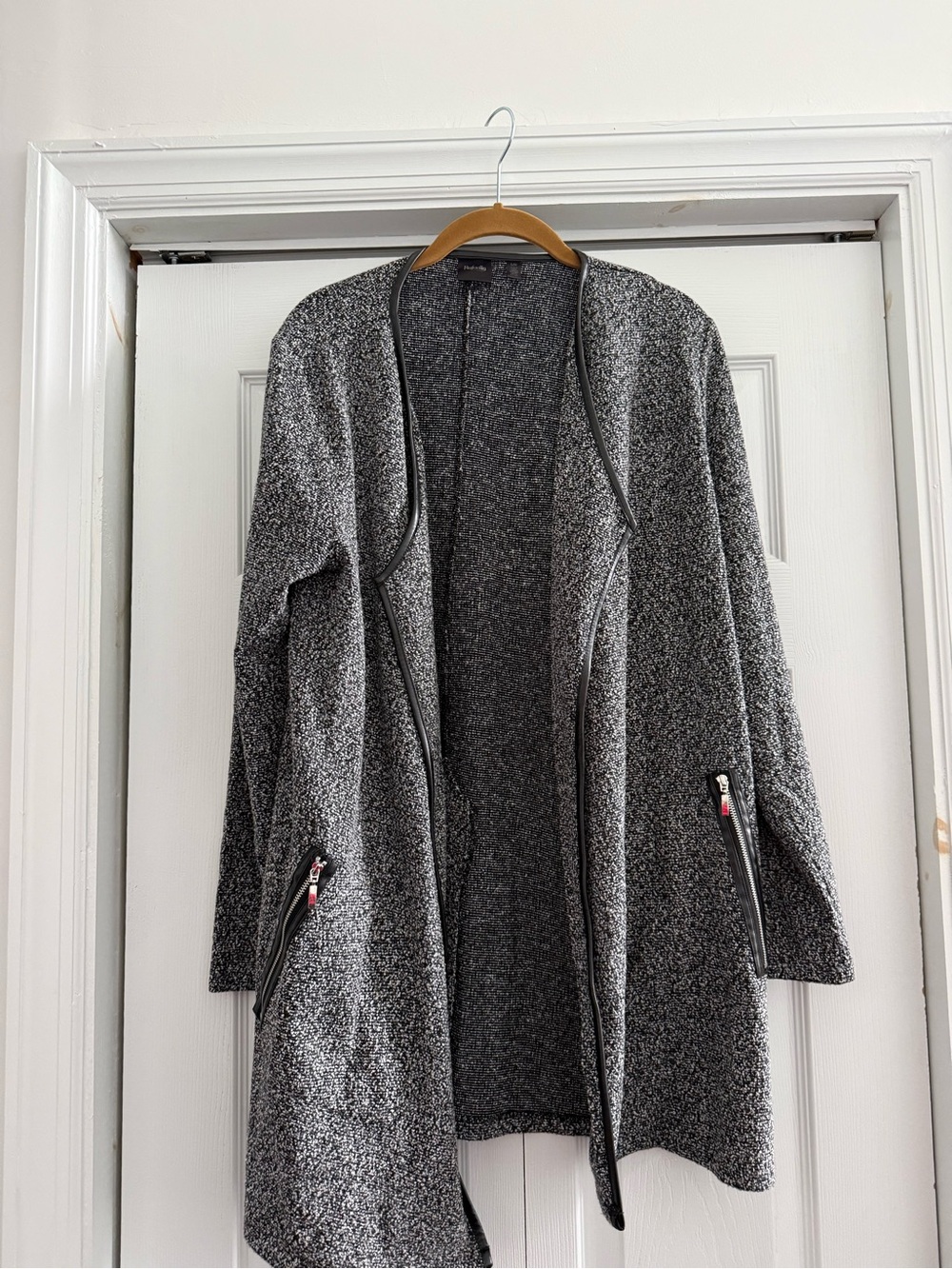 Rafaella Gray and Black Open-Front Knit Cardigan with Zipper Accents